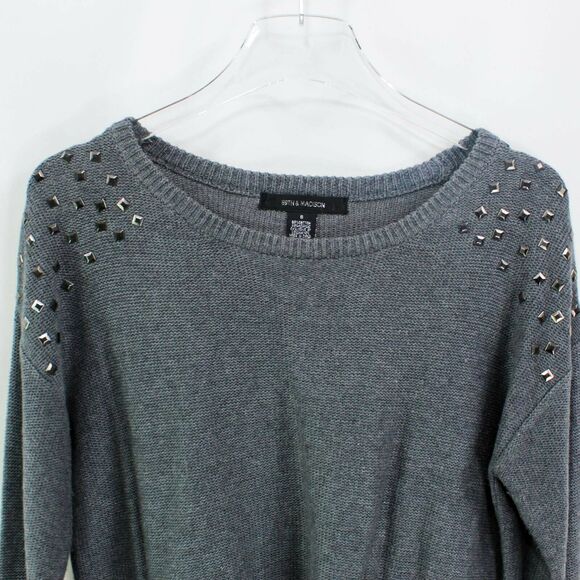 89th & Madison Womens Pullover Sweater Gray Scoop Neck Studded Ribbed Hem - Picture 7 of 8